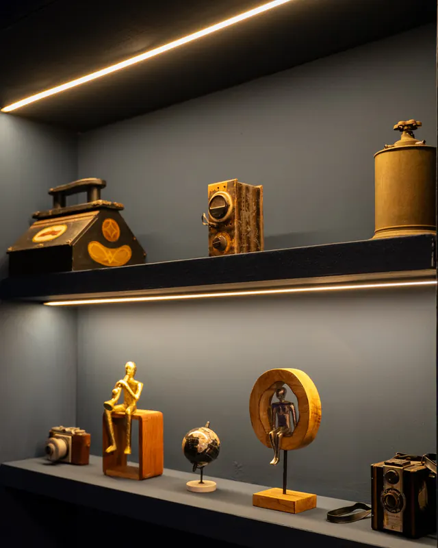 Estanterías iluminadas con objetos antiguos: cámaras, un globo terráqueo y figuras